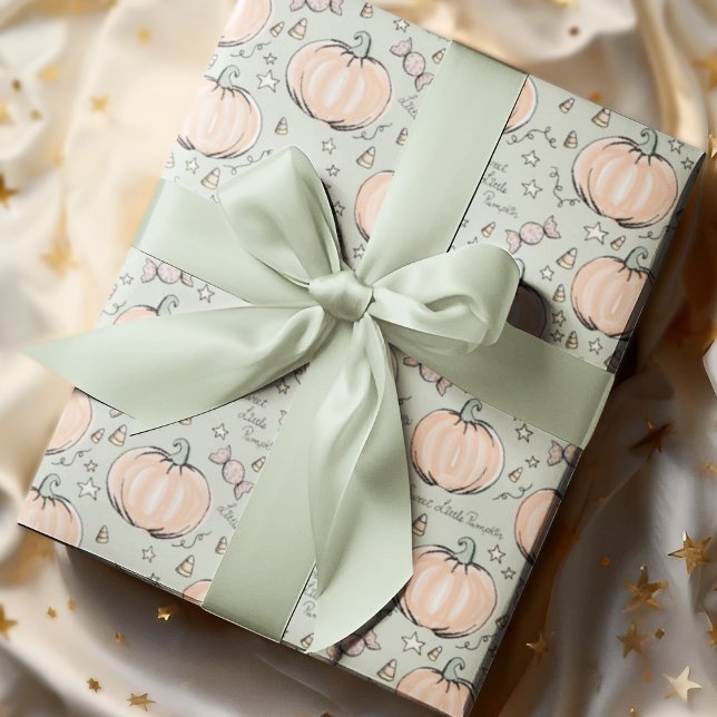 Pastel Grönt Sweet Little Pumpkin Baby Presentpapper (Adorable Baby Halloween Illustrations Hand-drawn by Nathalie Portet. Soft Pastel Green Background. )