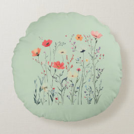 Pastel Grönt Vild Flowers Design, Blommigt Breeze. Rund Kudde