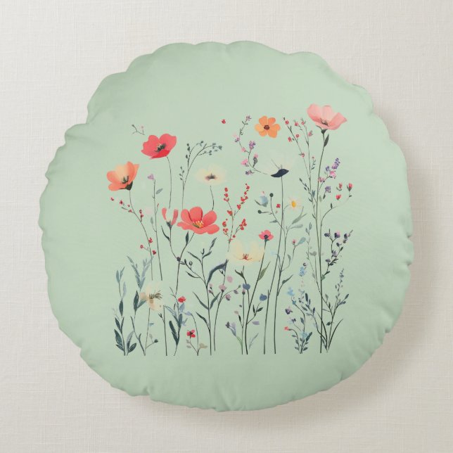 Pastel Grönt Vild Flowers Design, Blommigt Breeze. Rund Kudde (Framsidan)