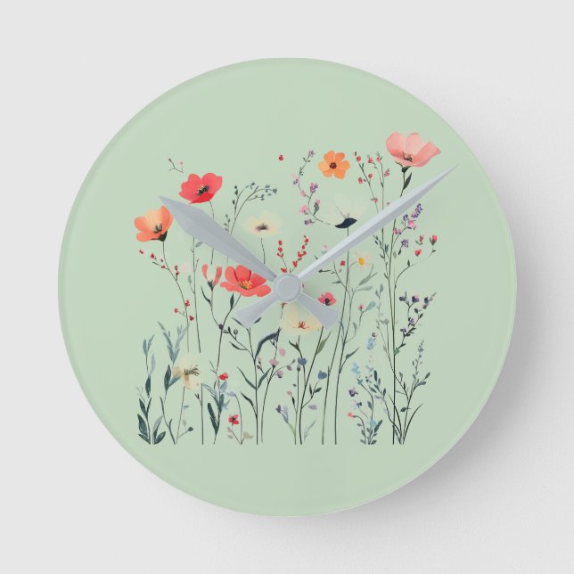 Pastel Grönt Vild Flowers Design, Summer Breeze, Rund Klocka (Framsida)