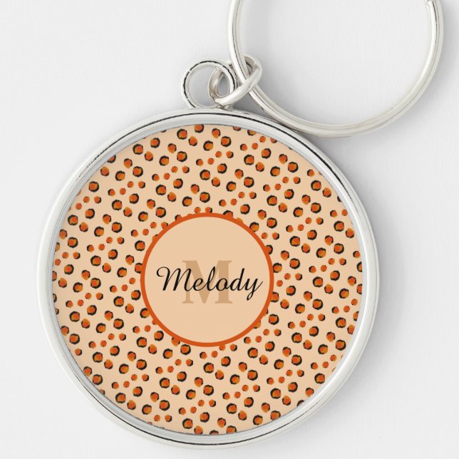 Pastel & Guld cheetah Animal Print Monogram Rund Silverfärgad Nyckelring (Framsidan)