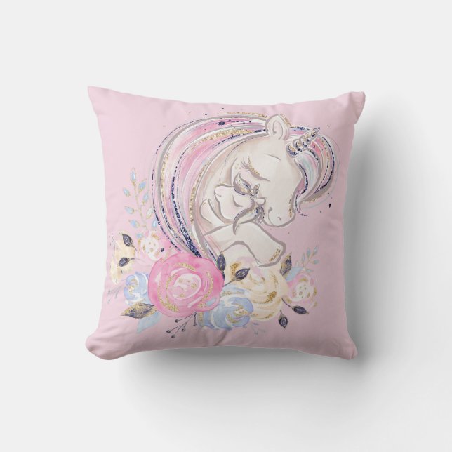 Pastel Guld Glitter Unicorn och Baby med blommor Kudde (Framsida)