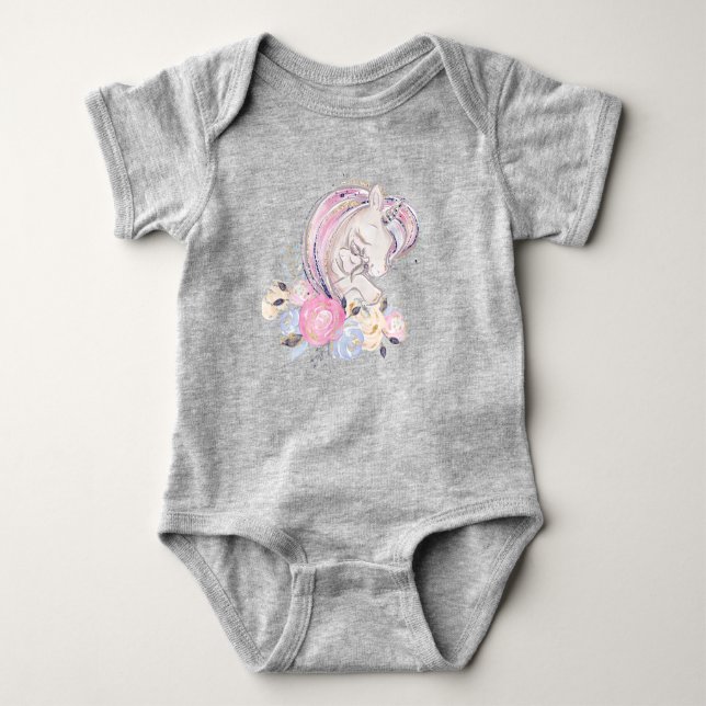 Pastel Guld Glitter Unicorn och Baby med blommor T Shirt (Framsida)