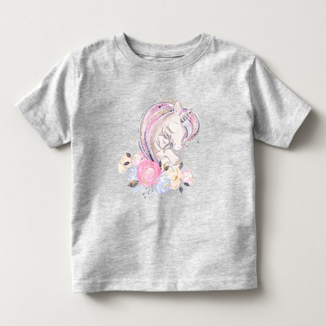 Pastel Guld Glitter Unicorn och Baby med blommor T Shirt (Framsida)