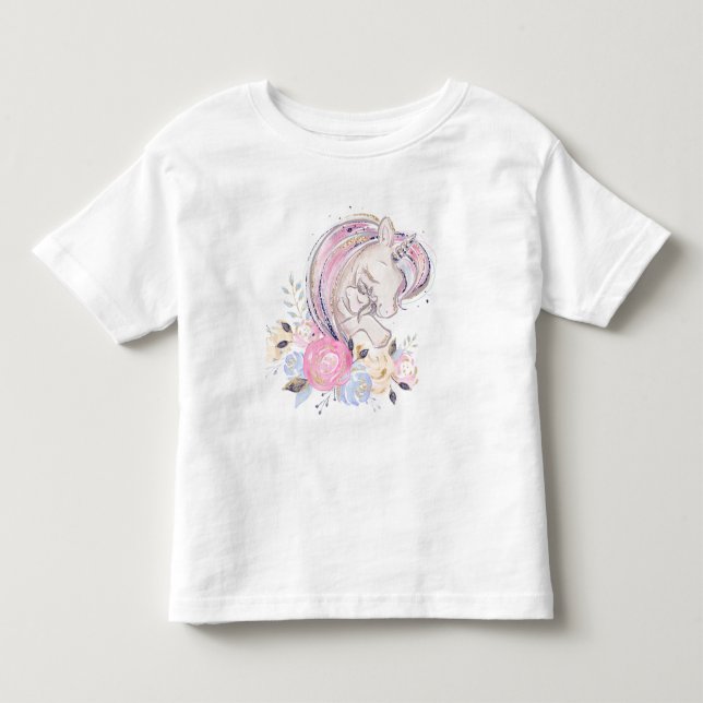 Pastel Guld Glitter Unicorn och Baby med blommor T Shirt (Framsida)