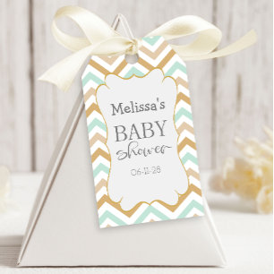 Pastel Guld och Grönt Zig Zag Baby Presentetikett