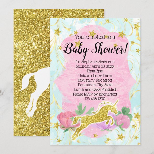 Pastel Guld Unicorn Baby Shower-inbjudan Inbjudningar (Fram/baksida)