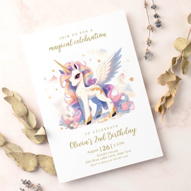Pastel Guld Unicorn och Rainbow Magic Birthday Inbjudningar (Skapare uppladdad)