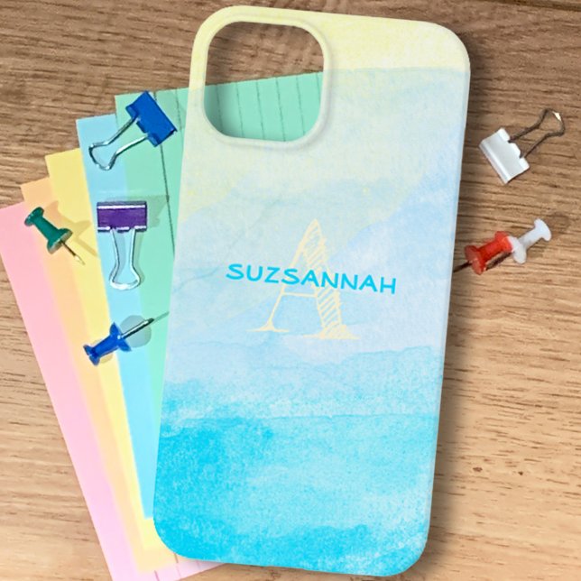 Pastel Gult Blue Watercolor Monogram Namn Anpassni (Skapare uppladdad)