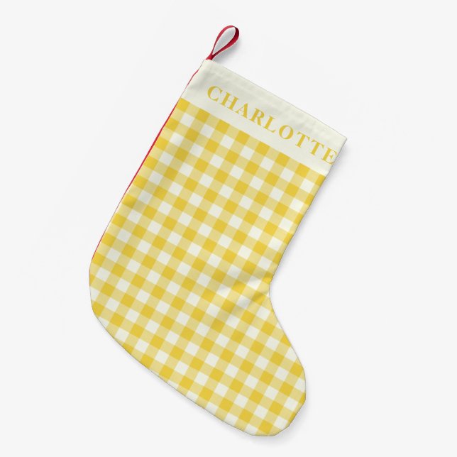 Pastel Gult Gingham Buffalo Check Play Namn Liten Julstrumpa (Framsidan (Hängande))