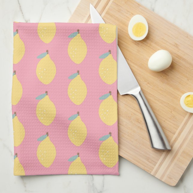 Pastel Gult Lemons Mönster på Rosa Kökshandduk (Vikt i Fjärdedel)
