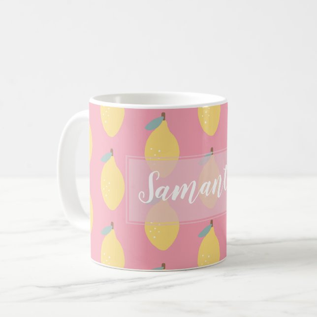 Pastel Gult Lemons Mönster på Rosa Personlig Kaffemugg (Framsida vänster)