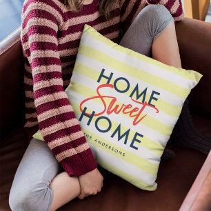 Pastel Gult White Rand Blue Home Sweet Home Kudde