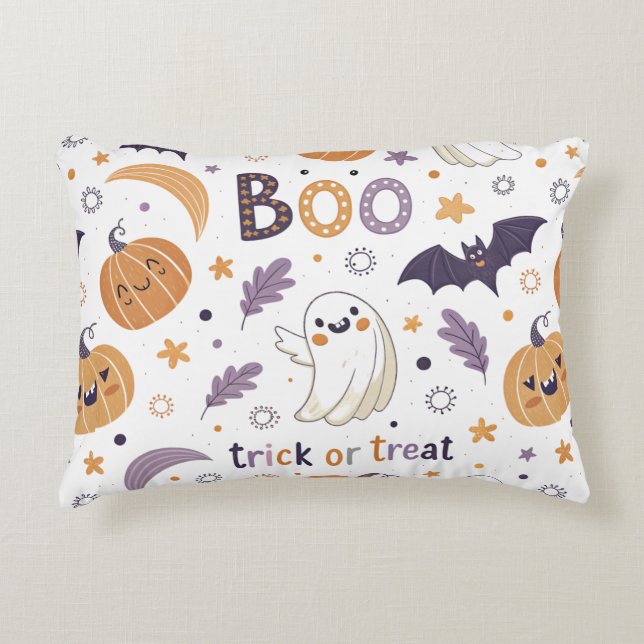 Pastel Halloween Accent Pillow – Cute Ghosts & Pum Prydnadskudde (Framsidan)