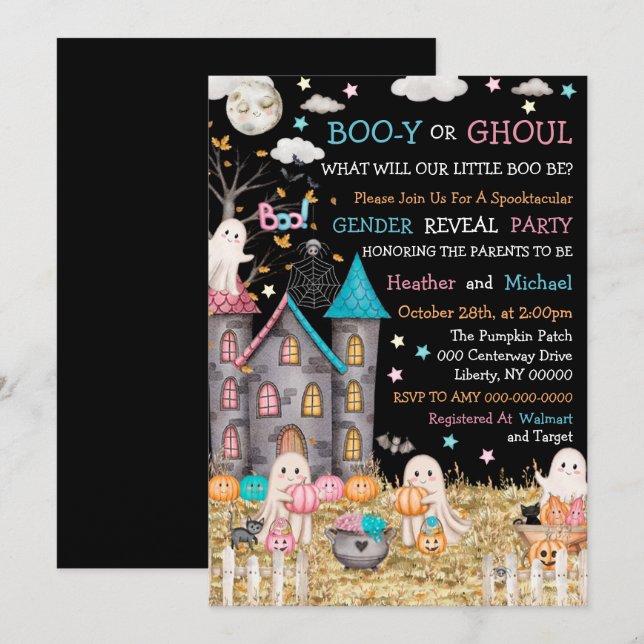 Pastel Halloween Gender Reveal Baby Shower Inbjudningar (Fram/baksida)