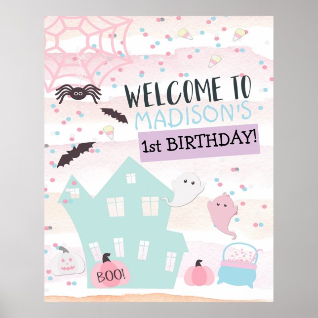 Pastel Halloween Ghost Birthday Välkomsttecken Poster (Framsidan)