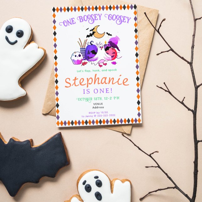 Pastel Halloween Goose Småbarn, födelsedag Visitkort (Pastel Halloween Goose Toddler Any Age Birthday Party Invitation. Spooky Boo-sey Goose, Ghost Goose)