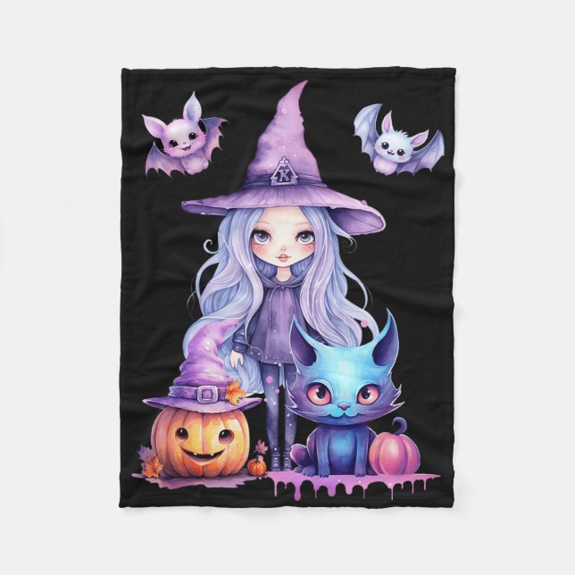 Pastel Halloween Witch Cat Pumpkin Pastelcore Fleecefilt (Framsidan)