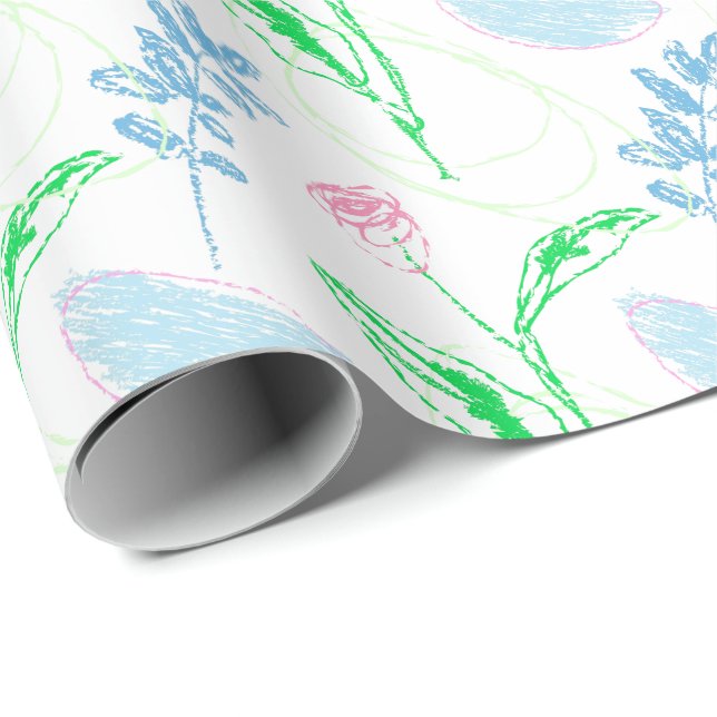 Pastel Hand-draget Blommönster Presentpapper (Rullad Hörn)