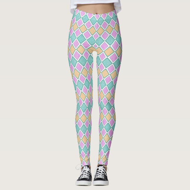  Pastel Harlequin Prism Small Diamond Pattern Leggings (Framsida)