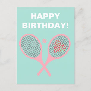 Pastel Heart Tennis Player Racquets Boll Birthday Vykort