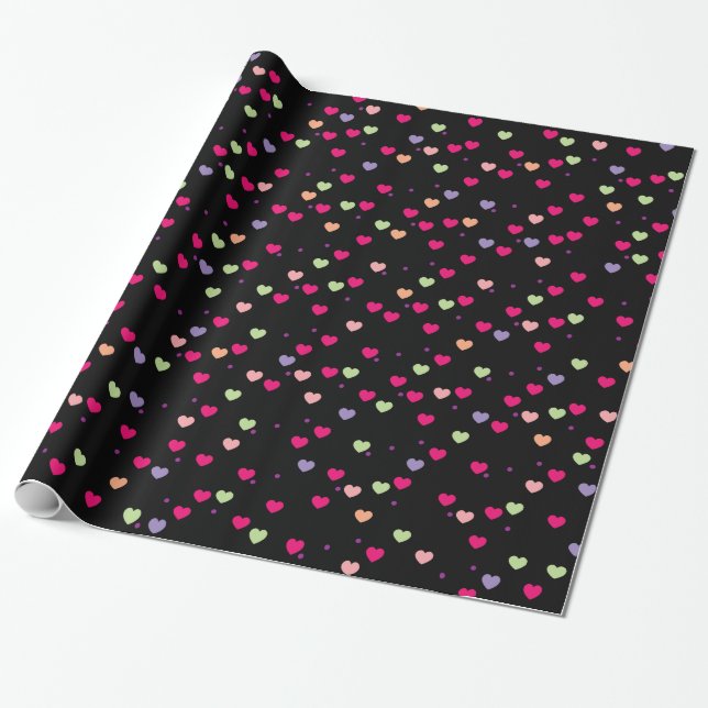 Pastel Hearts Mönster på Black Presentpapper (Utrullad)