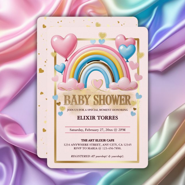 Pastel Hearts och Rainbow Baby Shower guld Glitter Inbjudningar (Skapare uppladdad)