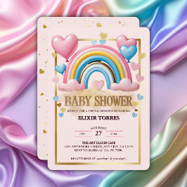 Pastel Hearts och Rainbow Baby Shower guld Glitter Inbjudningar