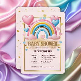 Pastel Hearts och Rainbow Baby Shower guld Glitter Inbjudningar