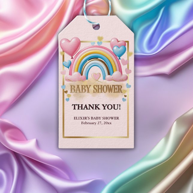 Pastel Hearts och Rainbow Baby Shower guld Glitter Presentetikett (Skapare uppladdad)