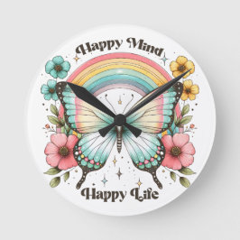Pastel Hippie "Lycklig Mind Lycklig Life" Rund Klocka