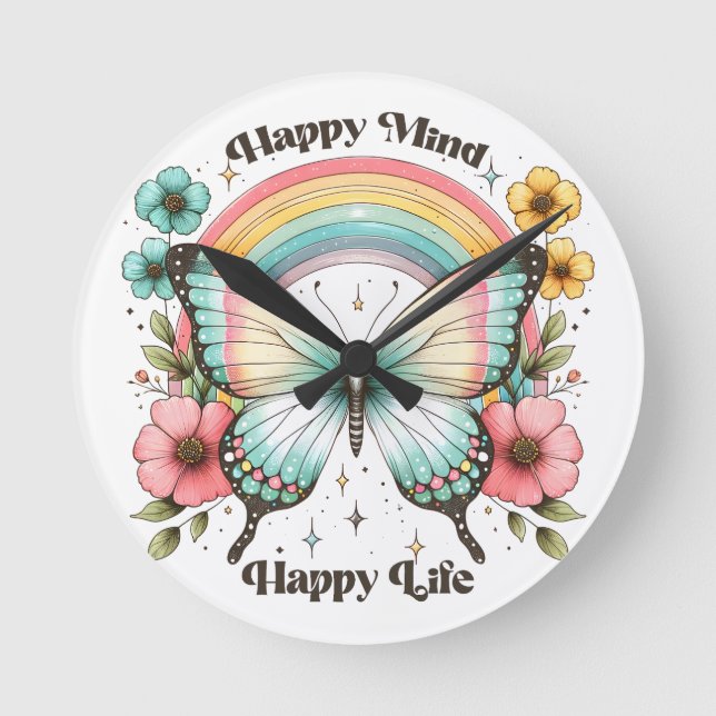 Pastel Hippie "Lycklig Mind Lycklig Life" Rund Klocka (Framsida)