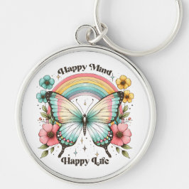 Pastel Hippie "Lycklig Mind Lycklig Life" Rund Silverfärgad Nyckelring