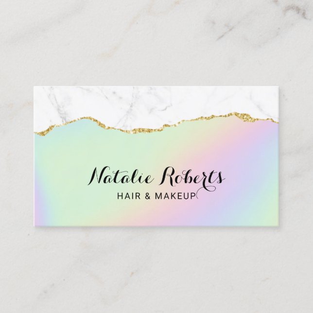 Pastel Holografisk Guld Marble Beauty Salon Visitkort (Framsida)