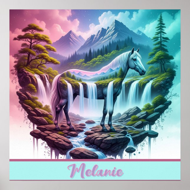 Pastel Horse Waterfall Fantasy liggande Poster (Framsidan)