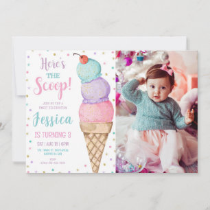 Pastel Ice Cream Birthday Photo Inbjudningar