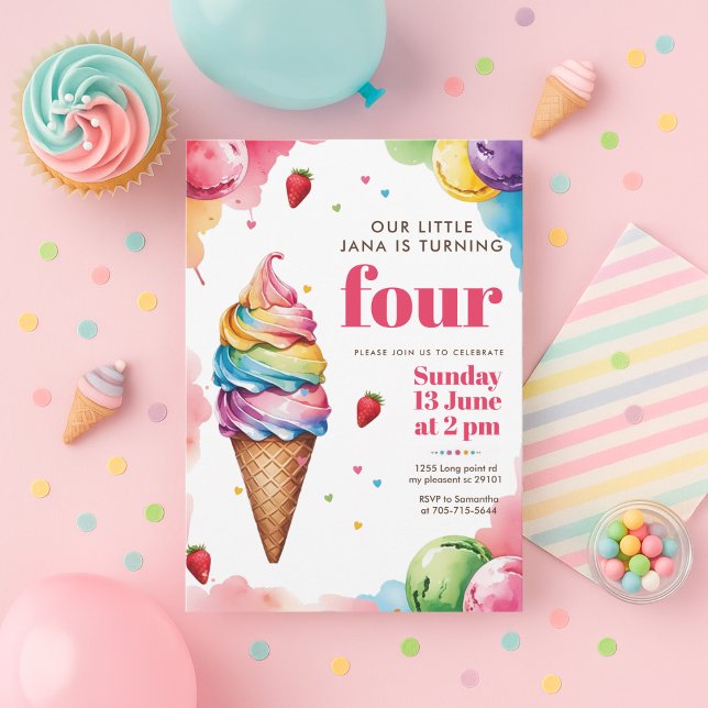 Pastel Ice Cream Cone Birthday | Girl’s Sweet  Inbjudningar (Skapare uppladdad)
