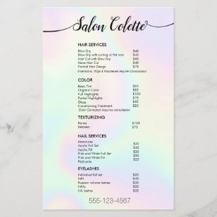 Pastel Iridescent Calligraphy Salon Service Menu Flygblad