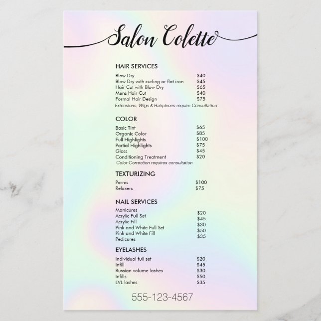 Pastel Iridescent Calligraphy Salon Service Menu Flygblad (Framsidan)