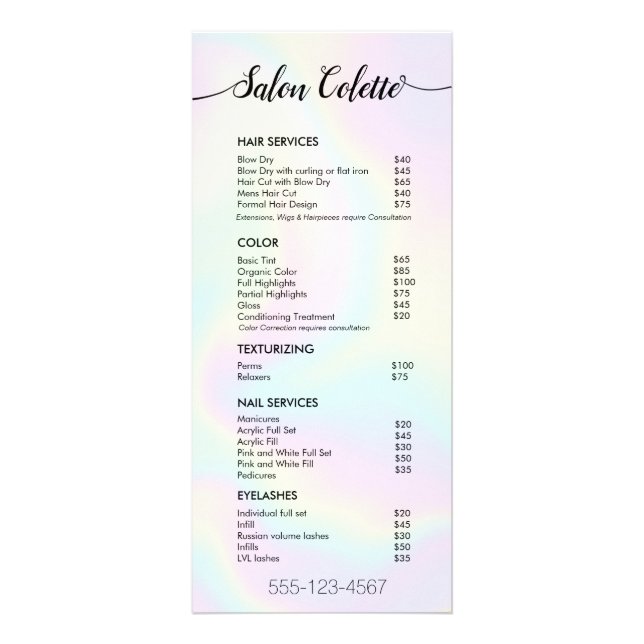 Pastel Iridescent Calligraphy Salon Service Menu Reklamkort (Framsidan)