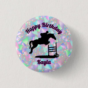 Pastel Iridescent Grattis på födelsedagen Horse Gi Knapp