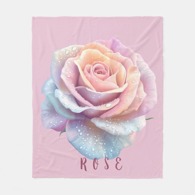 Pastel Iridescent Rose & Dewdrops Romantic Fleecefilt (Framsidan)