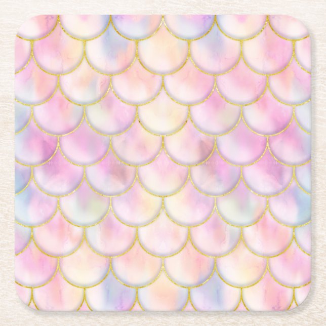 Pastel Iridescent Sjöjungfru Scales Mönster Underlägg Papper Kvadrat (Framsidan)