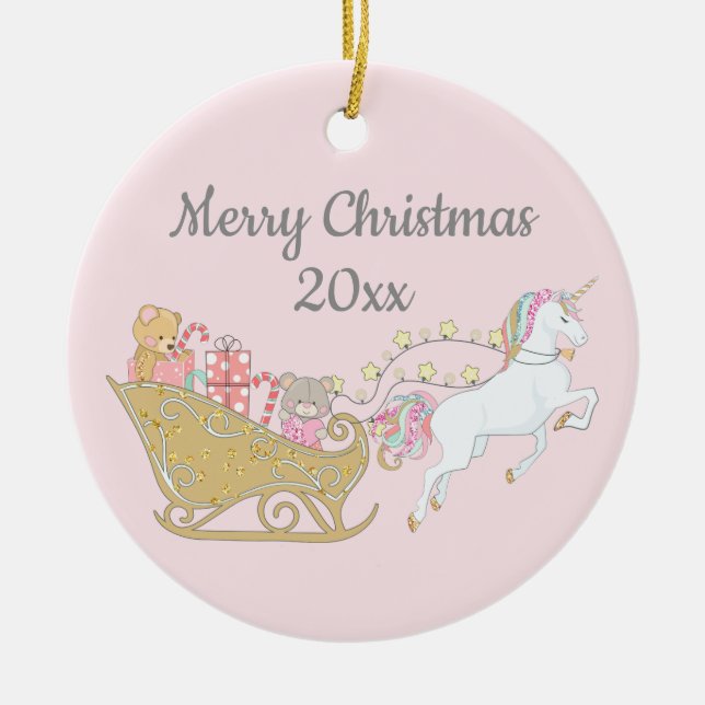 Pastel jul Unicorn Santa's Sleigh Rosa Julgransprydnad Keramik (Framsidan)