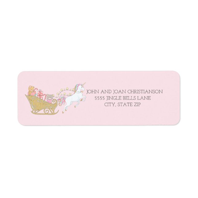 Pastel jul Unicorn Santa's Sleigh Rosa Returadress Etikett (Framsidan)