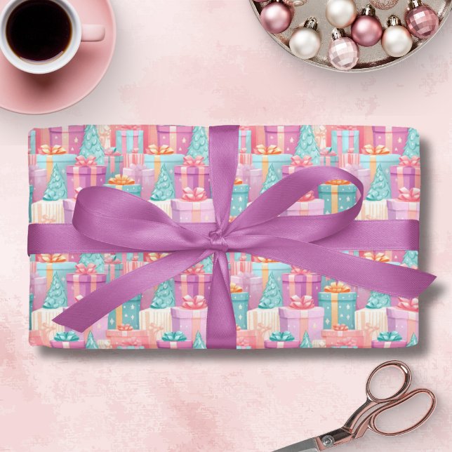Pastel Julklapp och Träd Papper Presentpapper (Pastel Presents Wrapping Paper)