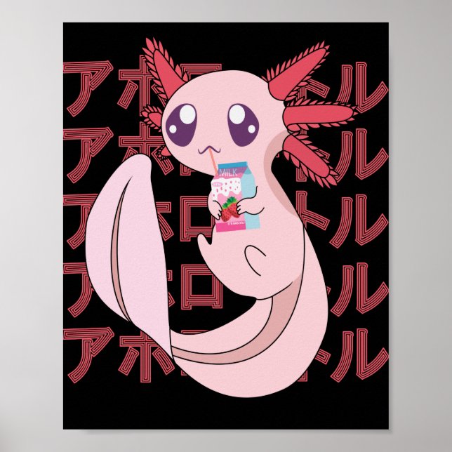 Pastel Kawaii Axolotl Strawberry Milkskakjapanes Poster (Framsidan)