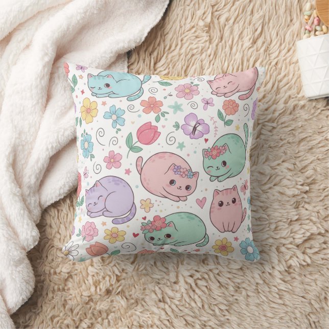 Pastel Kawaii Cats and Spring Flowers Throw Pillow Kudde (Filt)