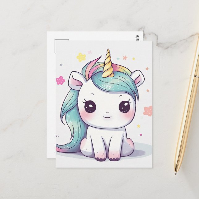 Pastel Kawaii Unicorn, mest beklaglig Vykort (Fram/Back In Situ)