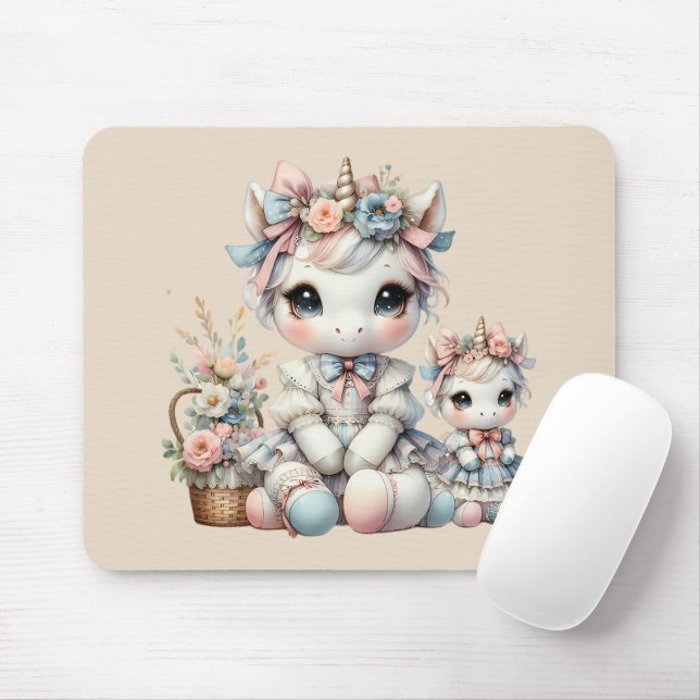 Pastel Kawaii Unicorn Mor dotter Duo Beige Musmatta (Med mus)